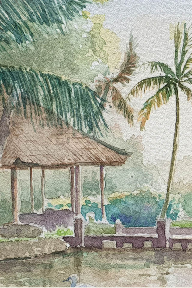 Tanah Gajah Resort Lake Ubud Watercolor Painting