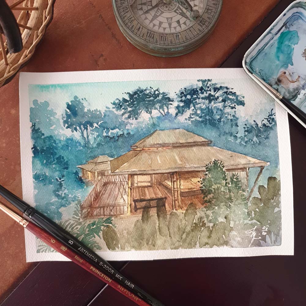 Watercolor Artwork of Sebatu Sanctuary Eco Resort, Bali