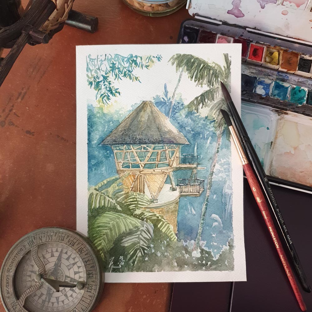 Watercolor Artwork of Sebatu Sanctuary Eco Resort, Bali
