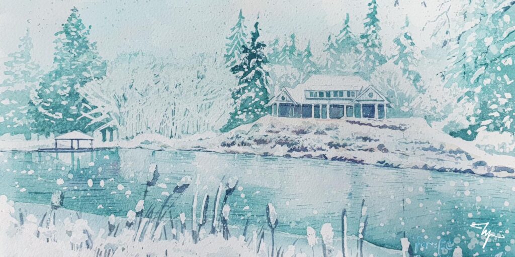 Watercolor Painting of a Private Villa in Winter